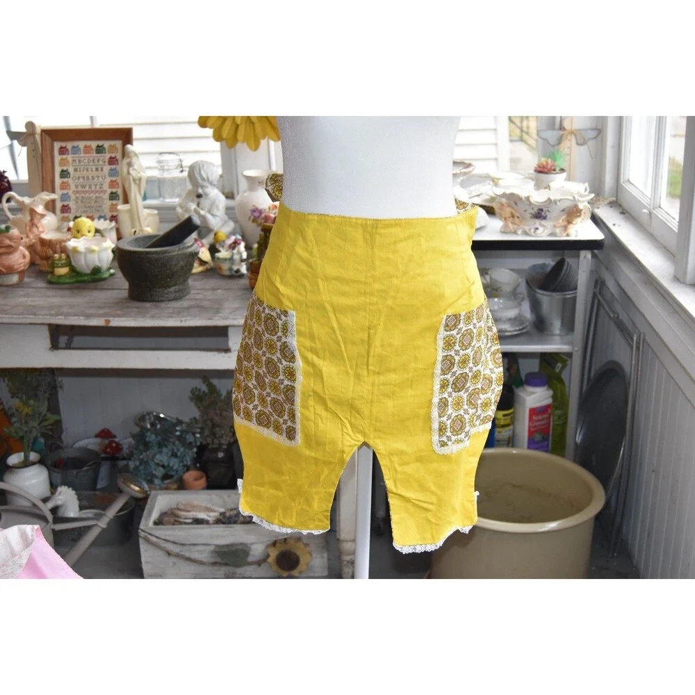 Vintage 50s-60s Half Aprons Cotton Tie Back Yellow and Pink Set of 2